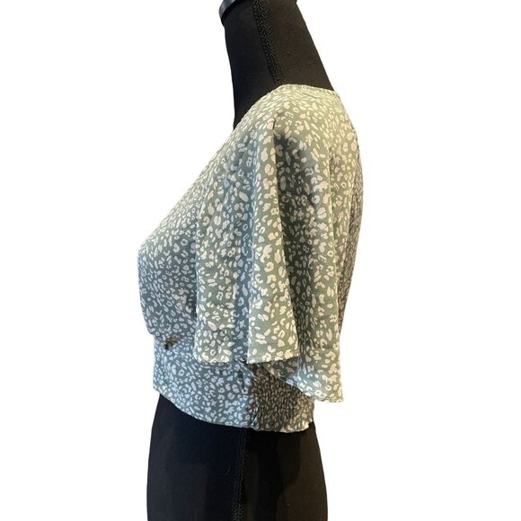 Sage Green & White micro print V-Neck Wrap Top XS Excellent Condition pintucked - Picture 3 of 6
